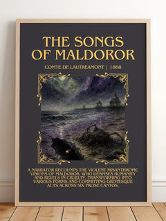 The Songs of Maldoror Minimalist Book Poster by Comte de Lautréamont – framed print leaning on a wooden floor
