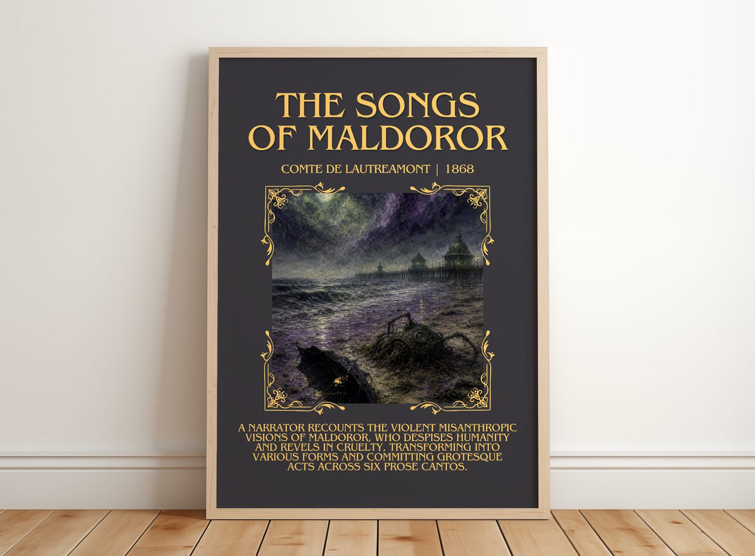 The Songs of Maldoror Minimalist Book Poster by Comte de Lautréamont – framed print leaning on a wooden floor
