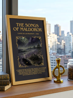 The Songs of Maldoror Minimalist Book Poster by Comte de Lautréamont – framed print on a city-view windowsill