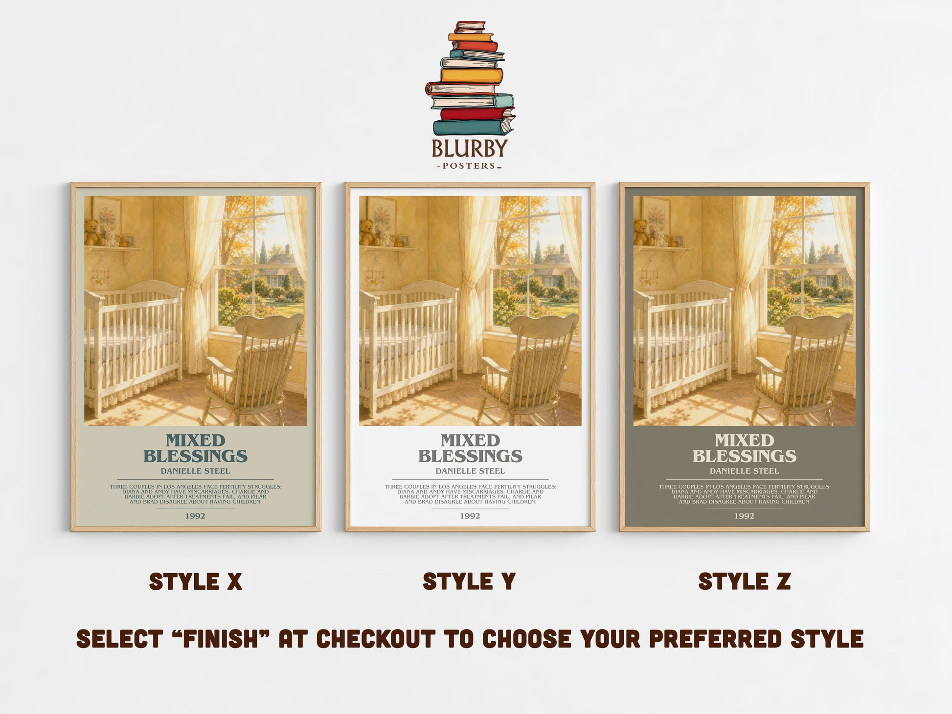 Mixed Blessings bookish print in frame leaning in hallway – contemporary fiction wall art