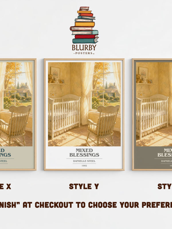 Mixed Blessings book cover print in frame leaning in hallway – contemporary fiction wall art