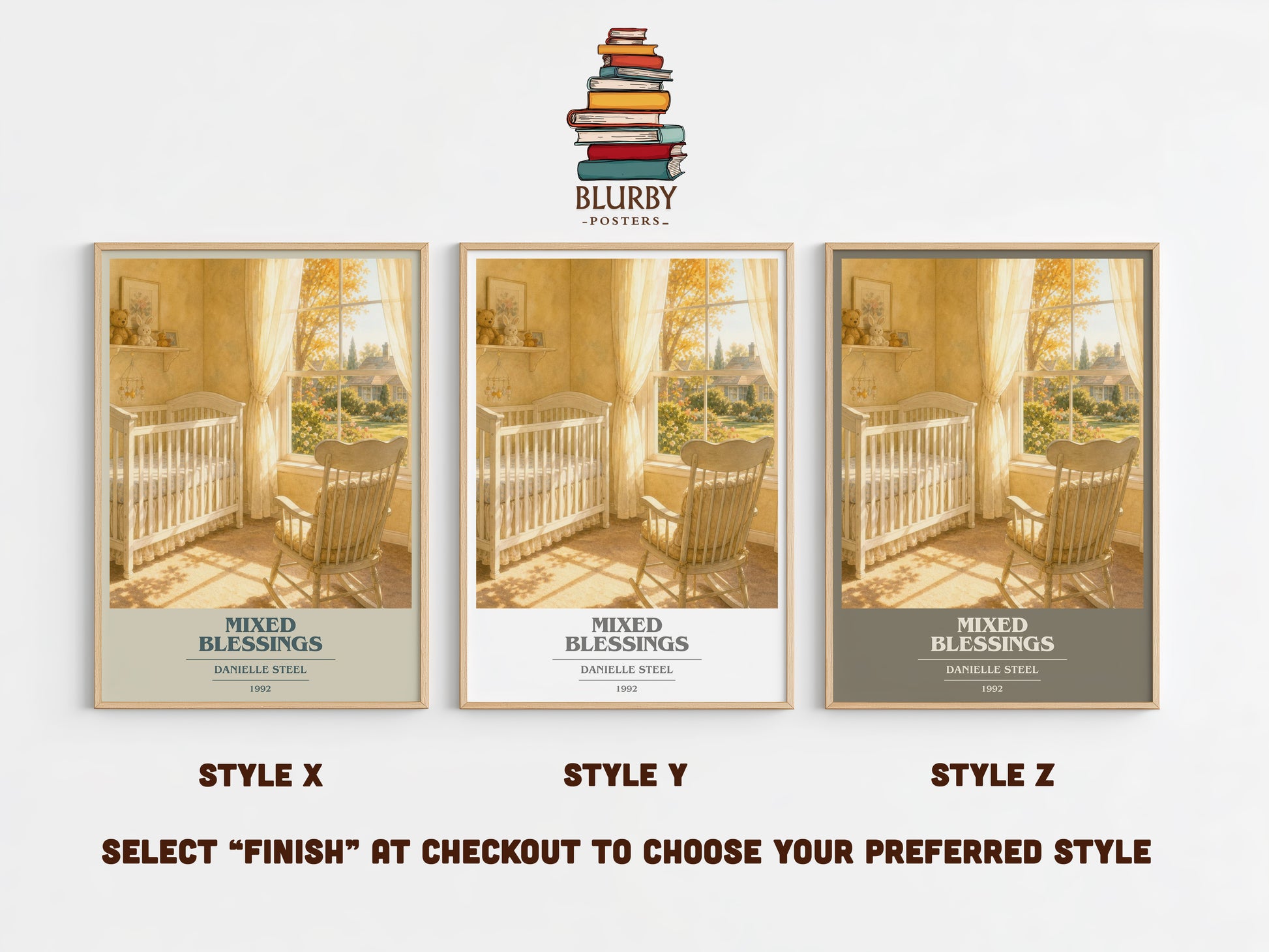 Mixed Blessings book cover print in frame leaning in hallway – contemporary fiction wall art