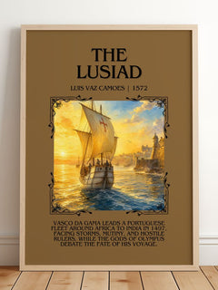 The Lusiad Minimalist Book Poster by Luís Vaz Camões – framed print leaning on a wooden floor