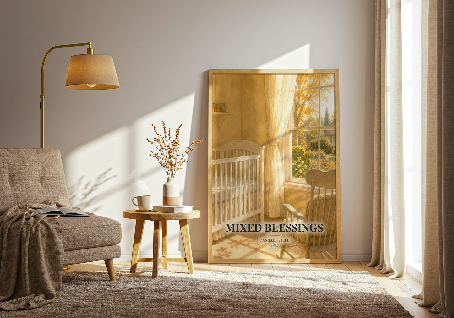 Mixed Blessings watercolour print in frame leaning in hallway – contemporary fiction wall art