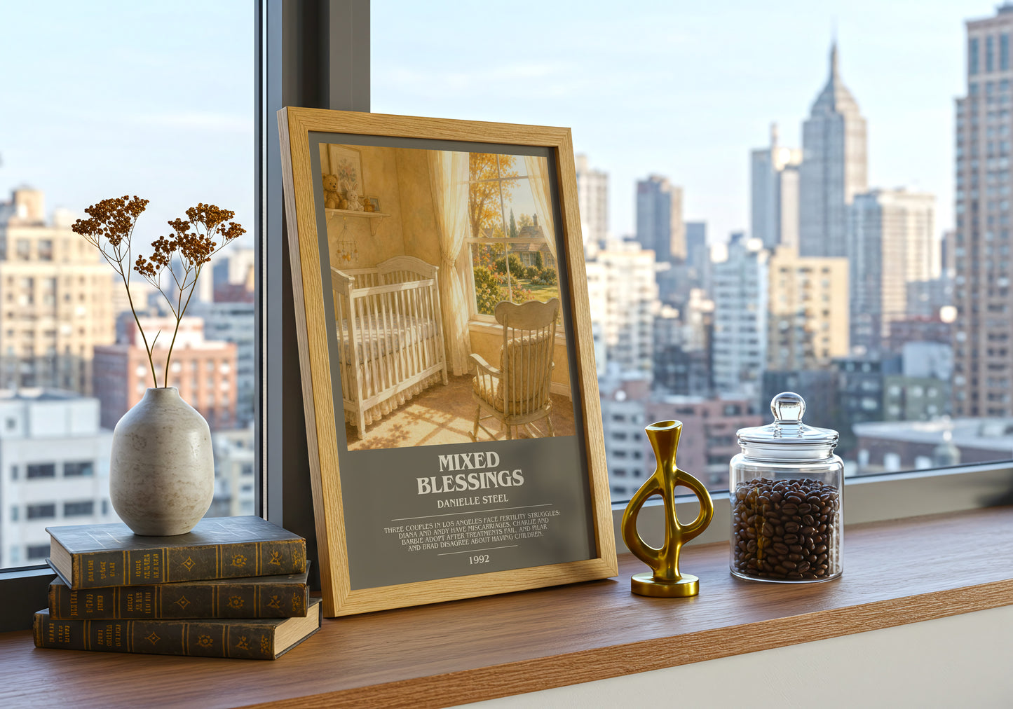 Mixed Blessings bookish print framed by window – literary home decor