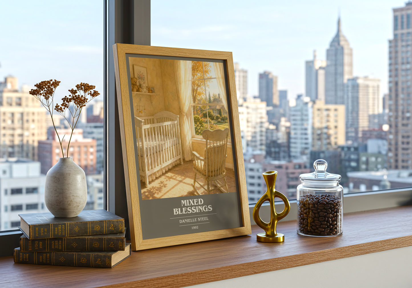 Mixed Blessings book cover print framed by window – literary home decor