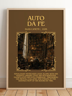 Auto Da Fé Minimalist Book Poster by Elias Canetti – framed print leaning on a wooden floor