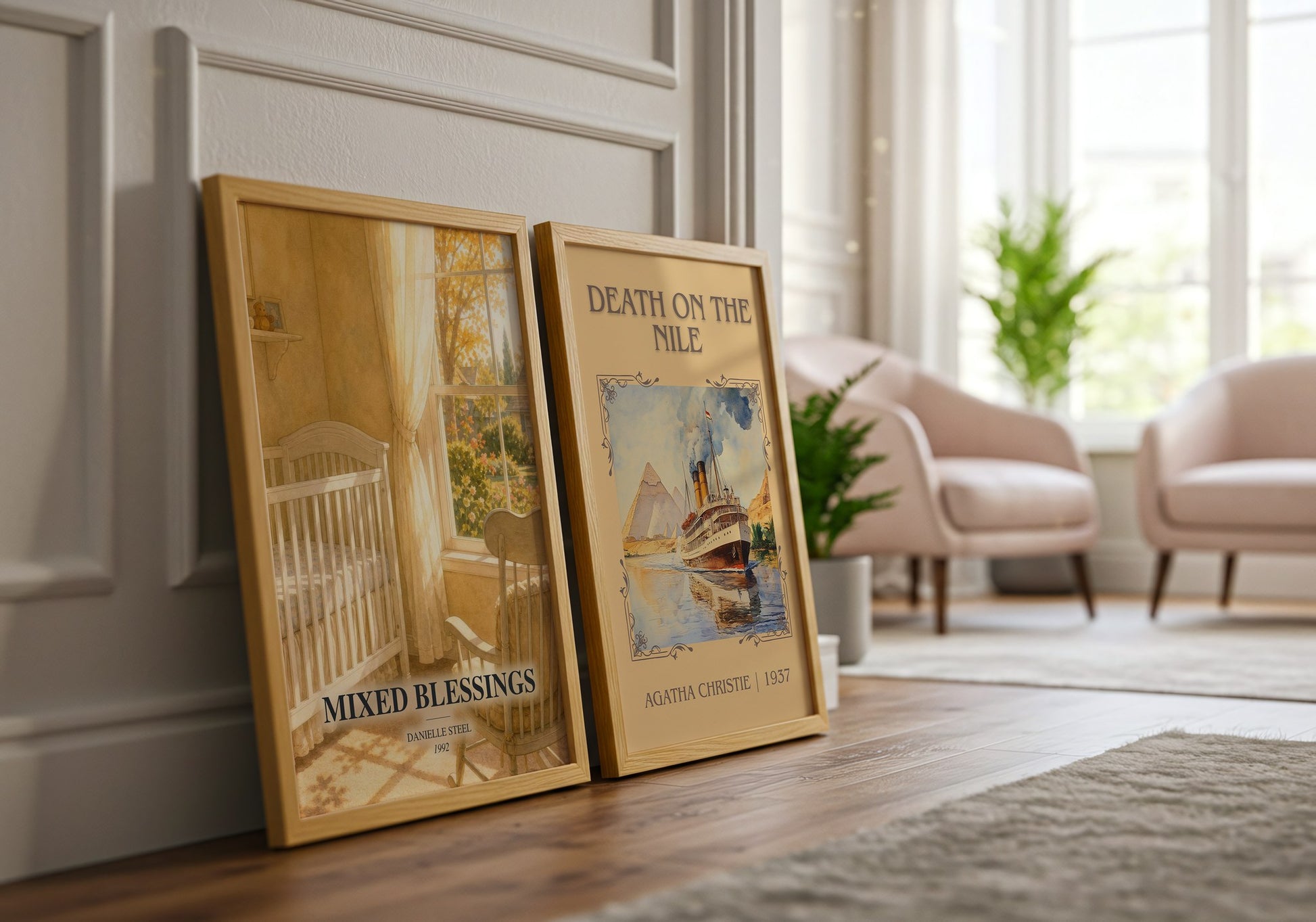 Mixed Blessings watercolour print framed by window – literary home decor