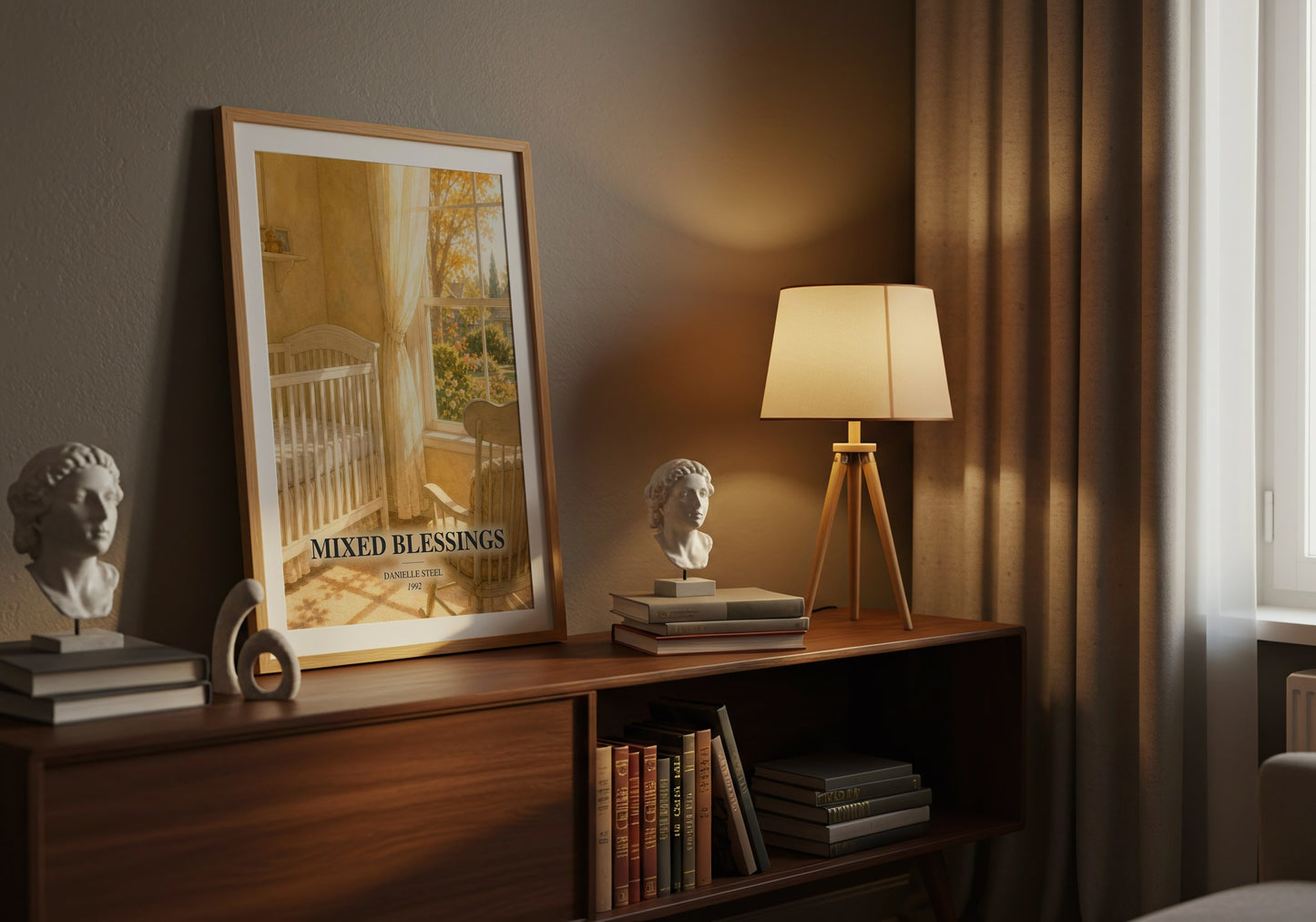 Mixed Blessings watercolour print on bookshelf – Danielle Steel fan gift