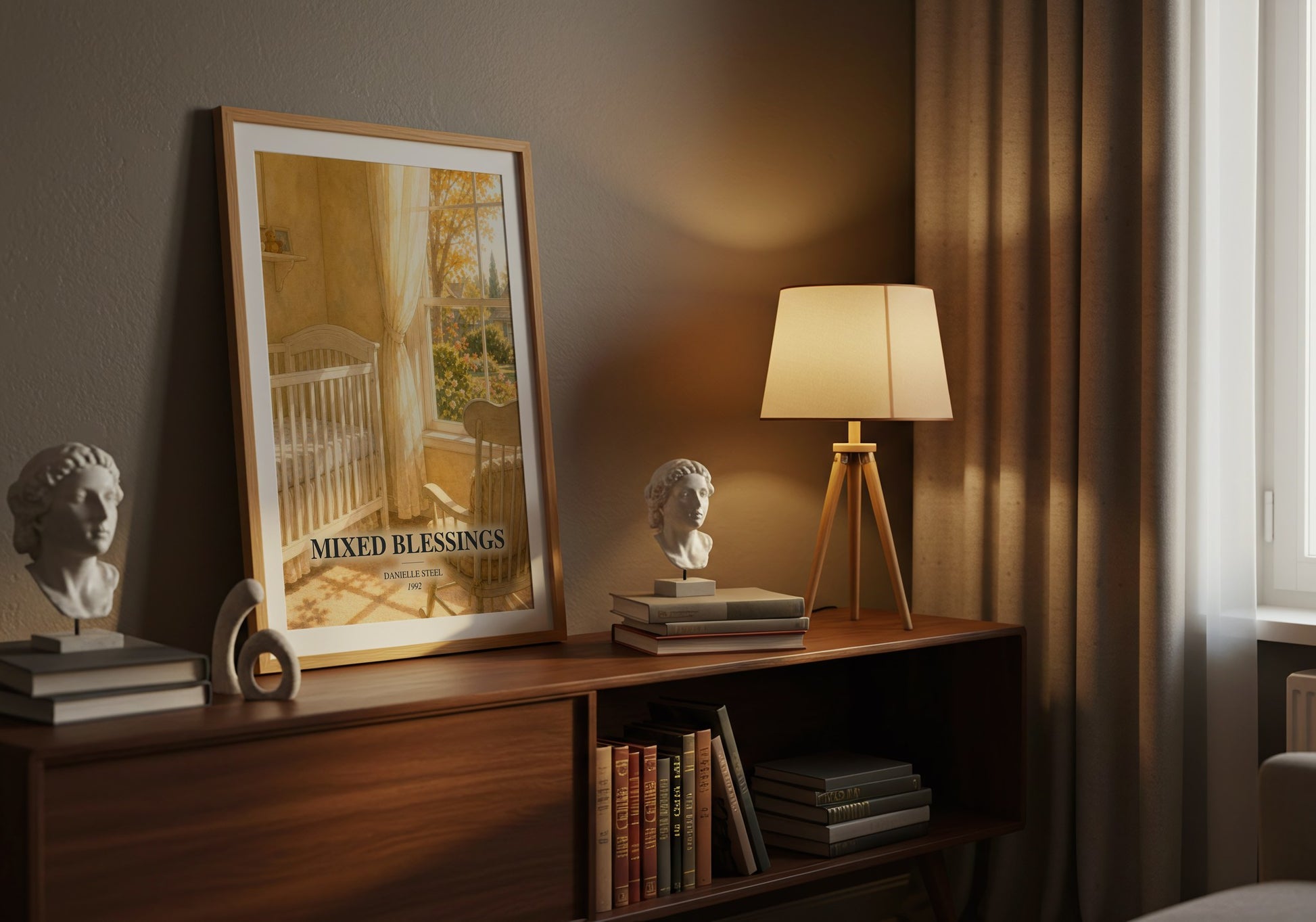 Mixed Blessings watercolour print on bookshelf – Danielle Steel fan gift