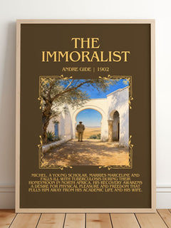 The Immoralist Minimalist Book Poster by André Gide – framed print leaning on a wooden floor
