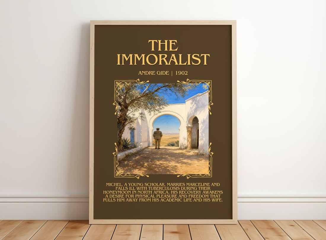 The Immoralist Minimalist Book Poster by André Gide – framed print leaning on a wooden floor