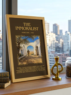 The Immoralist Minimalist Book Poster by André Gide – framed print on a city-view windowsill