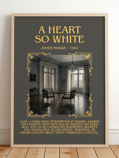 A Heart So White Minimalist Book Poster by Javier Marias – framed print leaning on a wooden floor