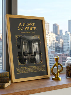 A Heart So White Minimalist Book Poster by Javier Marias – framed print on a city-view windowsill