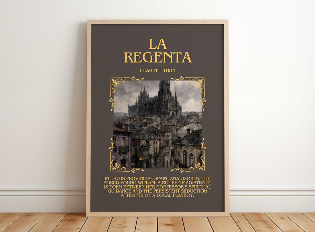 La Regenta Minimalist Book Poster by Clarín – framed print leaning on a wooden floor