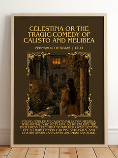 Celestina Or The Tragic-Comedy Of Calisto And Melibea Minimalist Book Poster by Fernando de Rojas – framed print leaning on a wooden floor