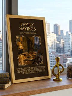 Family Sayings Minimalist Book Poster by Natalia Ginzburg – framed print on a city-view windowsill