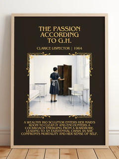 Passion According to G.H. Minimalist Book Poster by Clarice Lispector – framed print leaning on a wooden floor