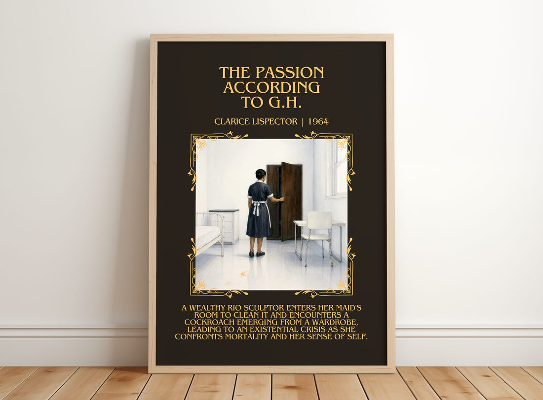 Passion According to G.H. Minimalist Book Poster by Clarice Lispector – framed print leaning on a wooden floor