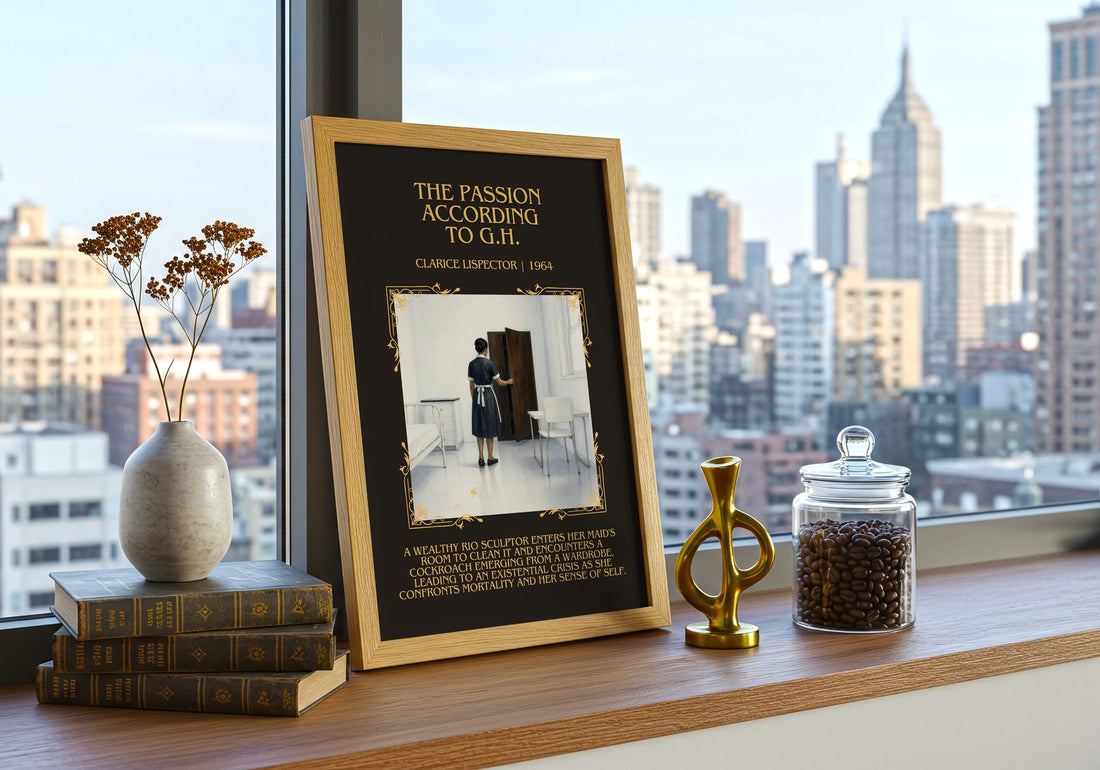 Passion According to G.H. Minimalist Book Poster by Clarice Lispector – framed print on a city-view windowsill