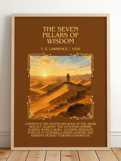 The Seven Pillars of Wisdom Minimalist Book Poster by T. E. Lawrence – framed print leaning on a wooden floor