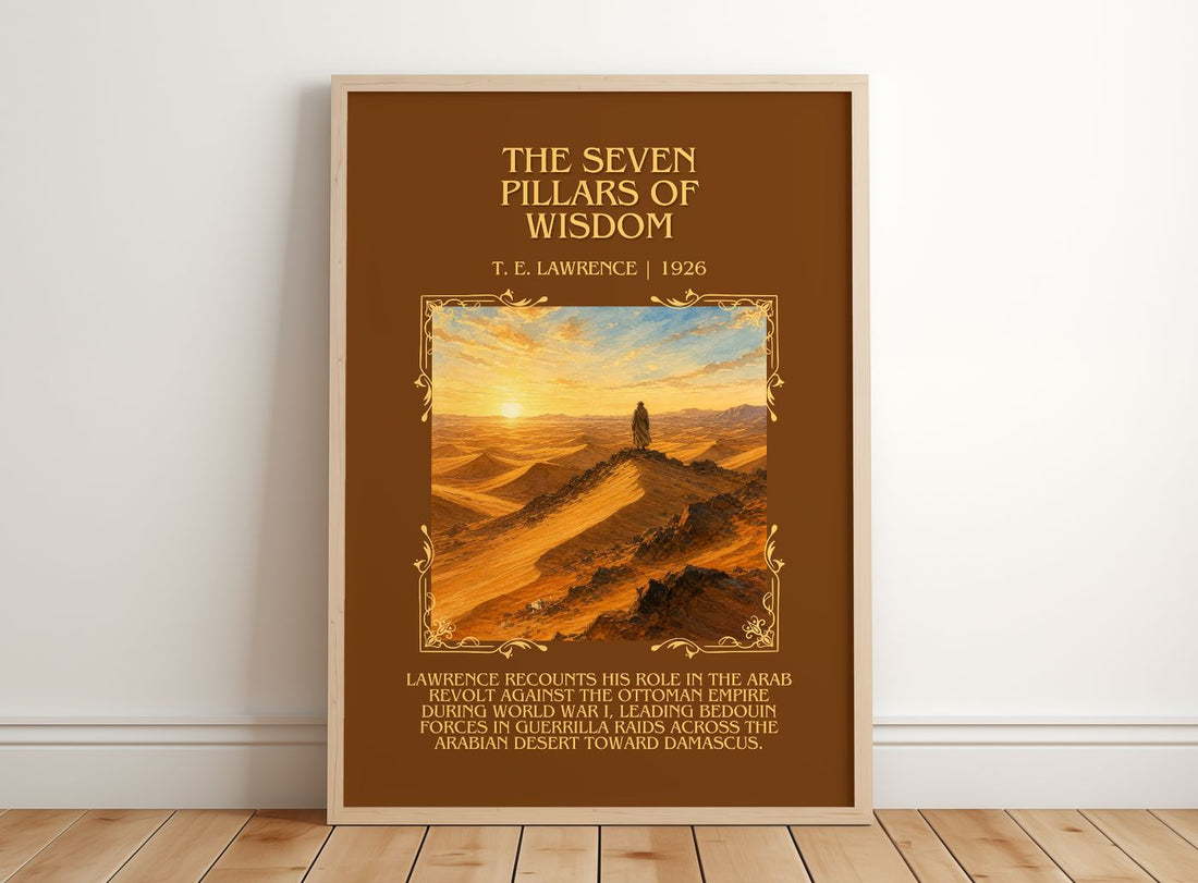 The Seven Pillars of Wisdom Minimalist Book Poster by T. E. Lawrence – framed print leaning on a wooden floor