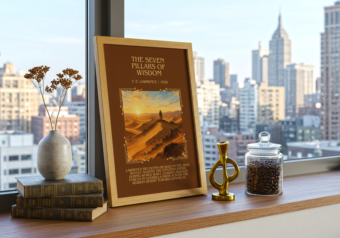 The Seven Pillars of Wisdom Minimalist Book Poster by T. E. Lawrence – framed print on a city-view windowsill