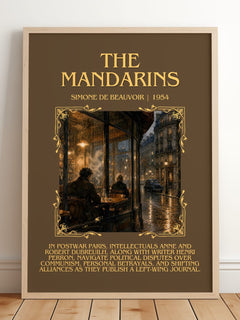 The Mandarins Minimalist Book Poster by Simone de Beauvoir – framed print leaning on a wooden floor