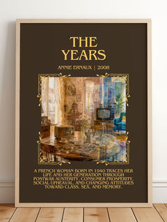 The Years Minimalist Book Poster by Annie Ernaux – framed print leaning on a wooden floor