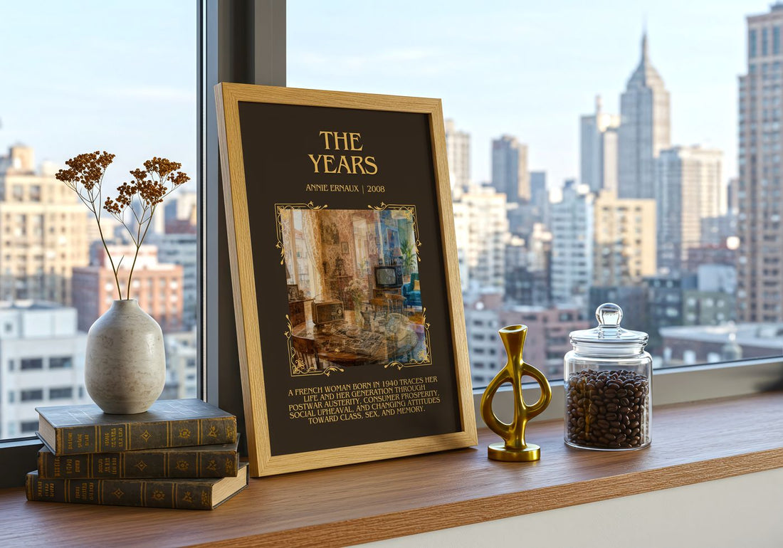 The Years Minimalist Book Poster by Annie Ernaux – framed print on a city-view windowsill