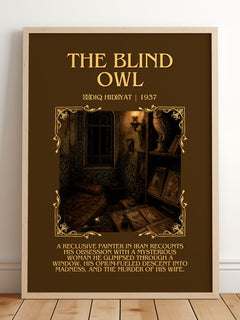 The Blind Owl Minimalist Book Poster by Ṣādiq Hidāyat – framed print leaning on a wooden floor
