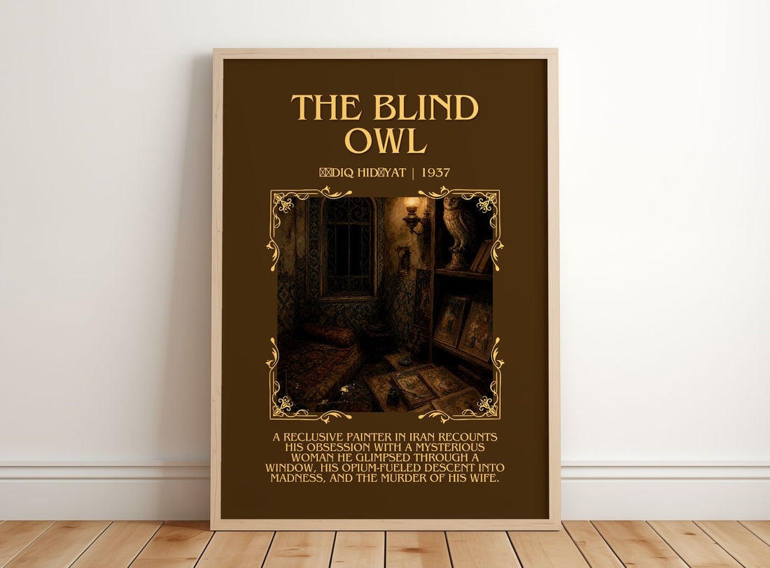 The Blind Owl Minimalist Book Poster by Ṣādiq Hidāyat – framed print leaning on a wooden floor