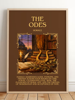 The Odes Minimalist Book Poster by Horace – framed print leaning on a wooden floor