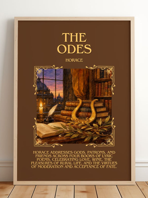 The Odes Minimalist Book Poster by Horace – framed print leaning on a wooden floor