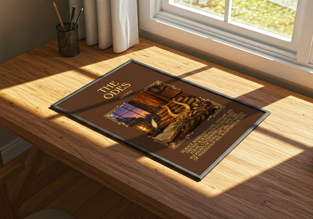 The Odes Minimalist Book Poster by Horace – print on a sunlit desk