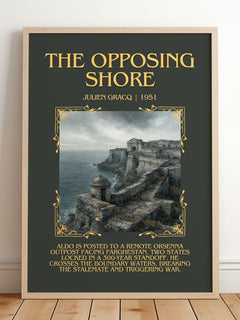 The Opposing Shore Minimalist Book Poster by Julien Gracq – framed print leaning on a wooden floor