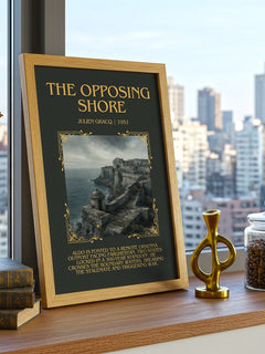 The Opposing Shore Minimalist Book Poster by Julien Gracq – framed print on a city-view windowsill