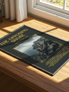 The Opposing Shore Minimalist Book Poster by Julien Gracq – print on a sunlit desk