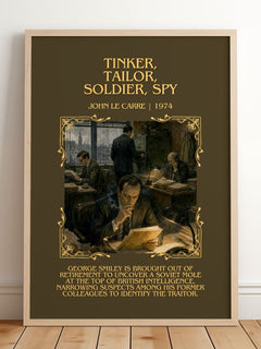 Tinker, Tailor, Soldier, Spy Minimalist Book Poster by John le Carré – framed print leaning on a wooden floor