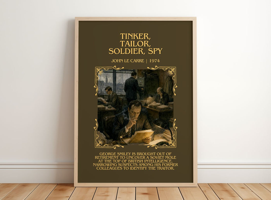 Tinker, Tailor, Soldier, Spy Minimalist Book Poster by John le Carré – framed print leaning on a wooden floor