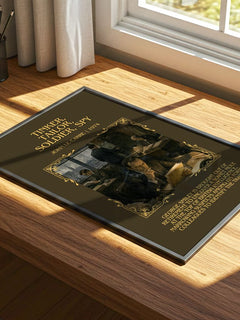 Tinker, Tailor, Soldier, Spy Minimalist Book Poster by John le Carré – print on a sunlit desk