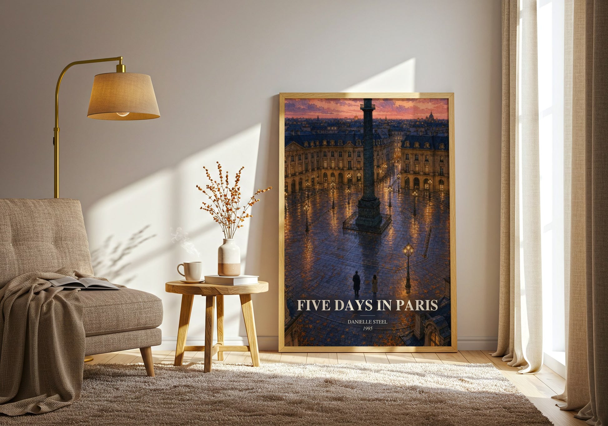 Five Days In Paris watercolour print in frame leaning in hallway – romance wall art