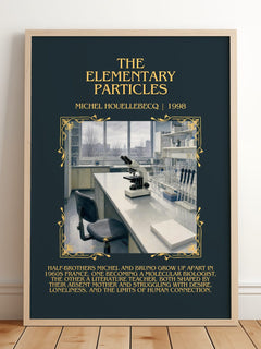 The Elementary Particles Minimalist Book Poster by Michel Houellebecq – framed print leaning on a wooden floor