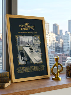 The Elementary Particles Minimalist Book Poster by Michel Houellebecq – framed print on a city-view windowsill