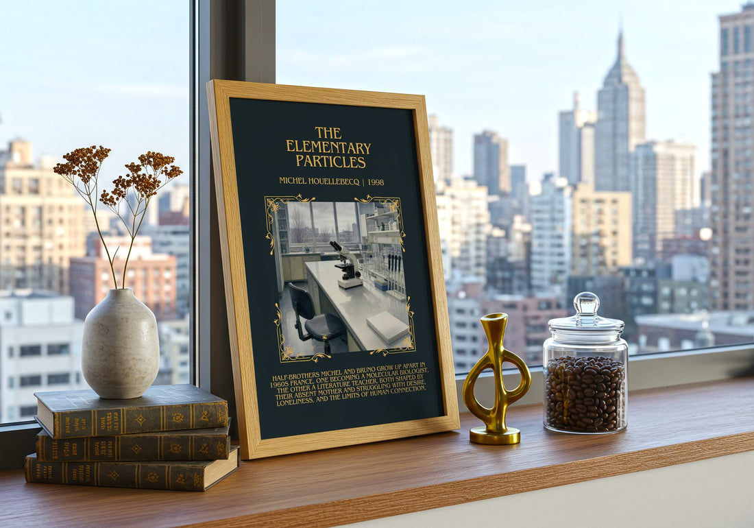 The Elementary Particles Minimalist Book Poster by Michel Houellebecq – framed print on a city-view windowsill