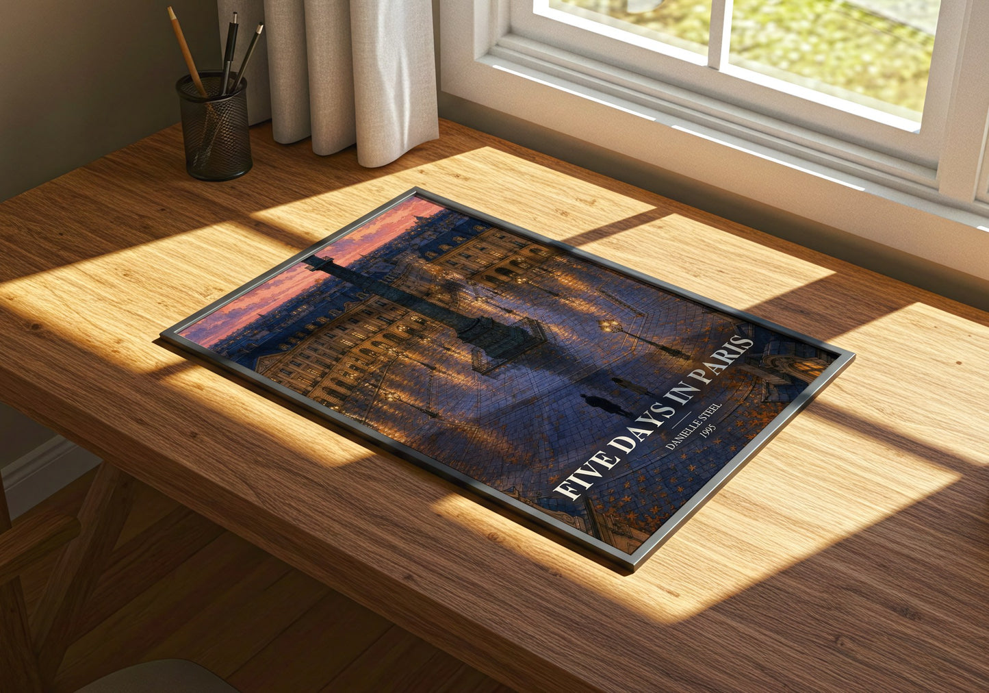 Five Days In Paris watercolour book poster framed on wall – romance wall art