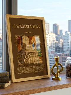 Panchatantra Minimalist Book Poster by Unknown – framed print on a city-view windowsill