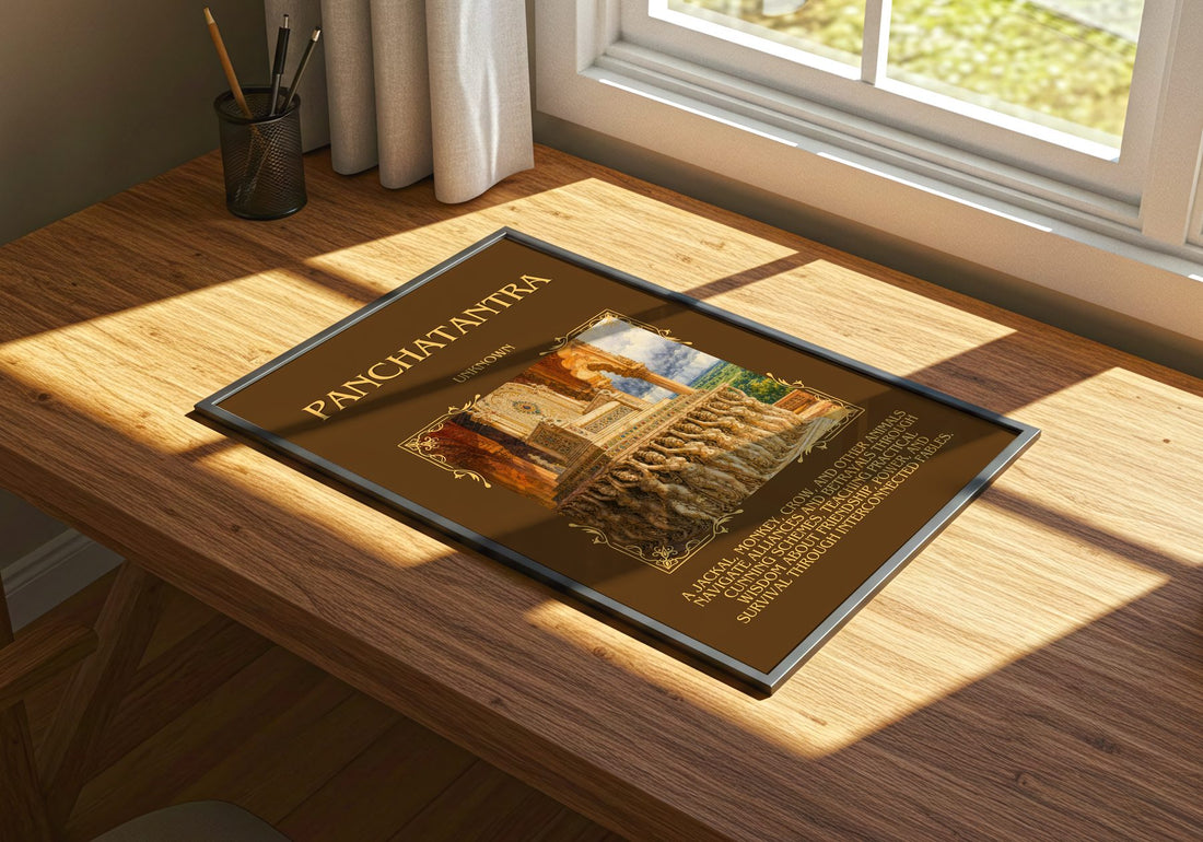 Panchatantra Minimalist Book Poster by Unknown – print on a sunlit desk