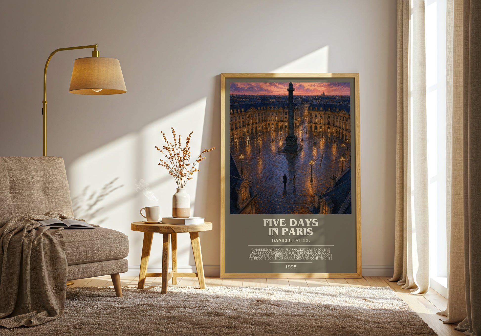Five Days In Paris bookish print on bookshelf – Danielle Steel fan gift